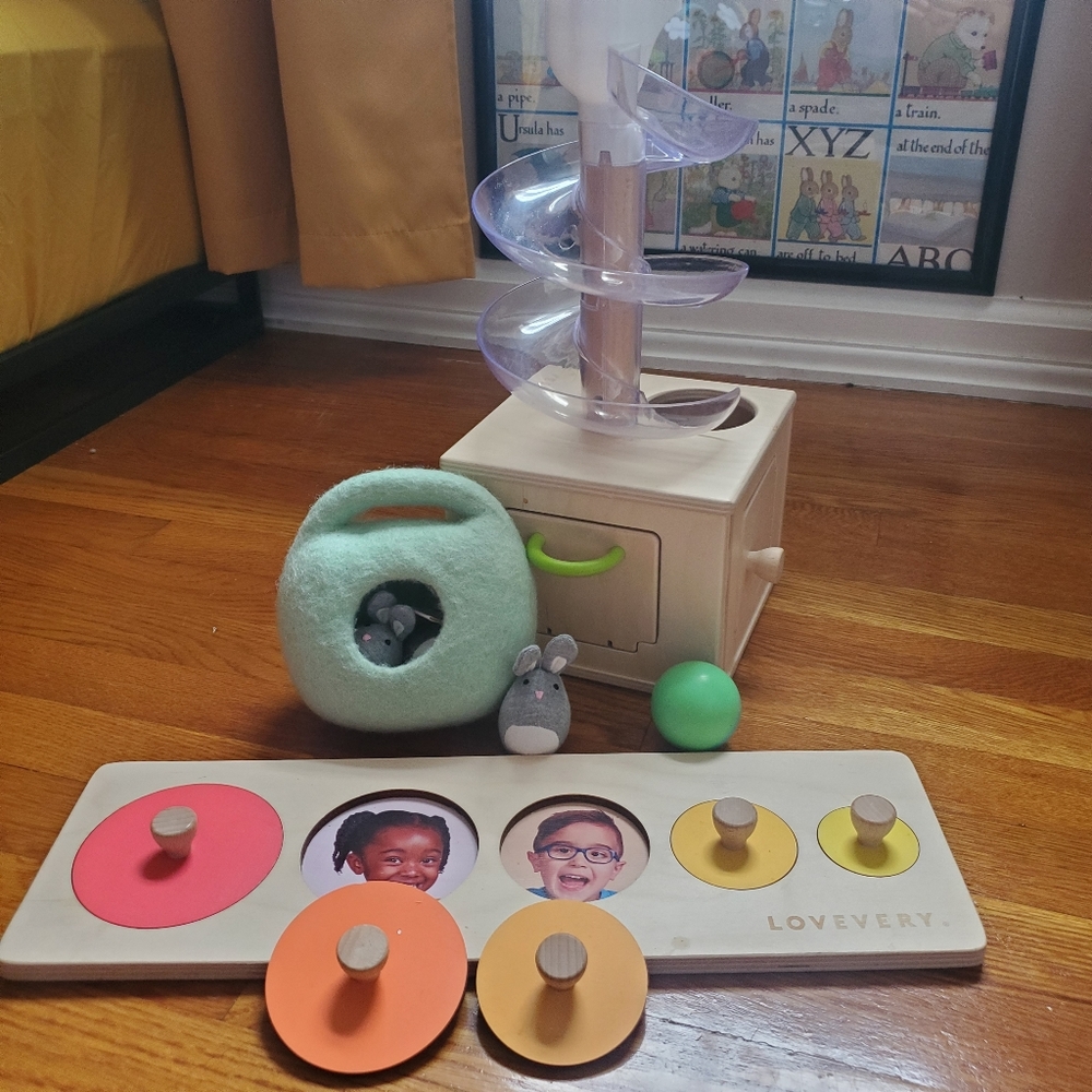 Lovevery Slide & Seek Ball Run, Bunnies in a Felt Burrow, and Circle Puzzle